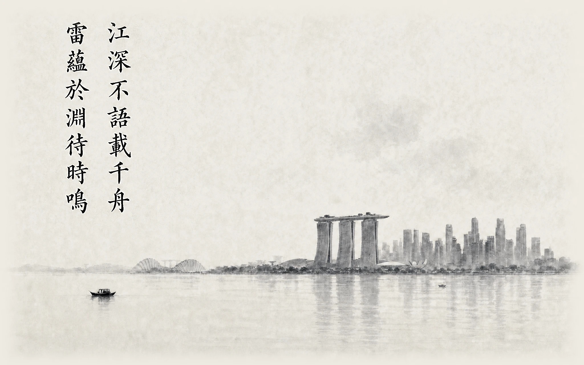 Chinese ink painting of Marina Bay: the skyline in the distance across a calm bay, with the couplet 江深不語載千舟 雷蘊於淵待時鳴 inscribed in the sky